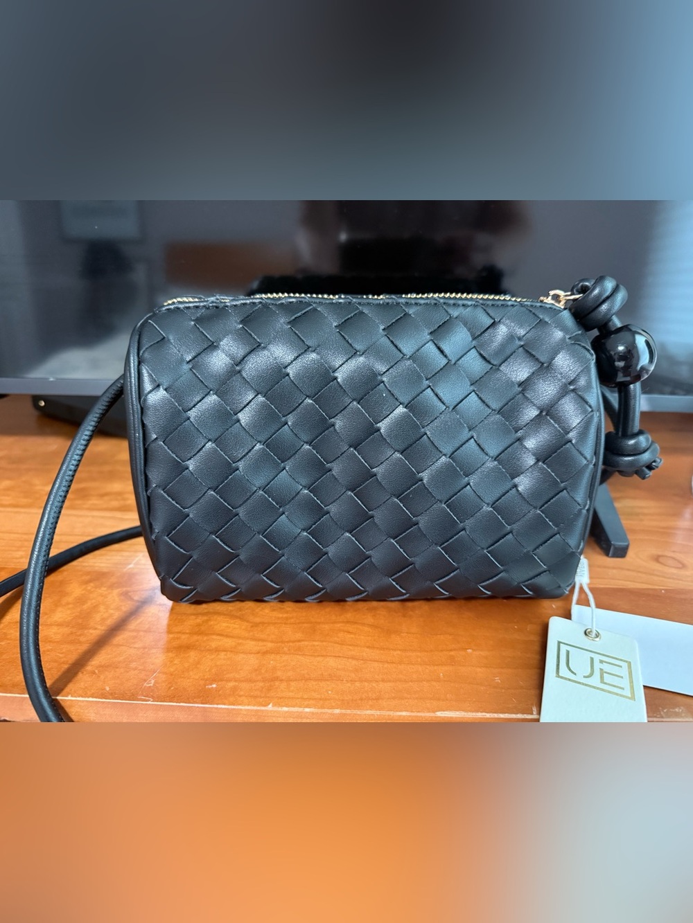 UE Black Woven Leather Crossbody Cosmetic Pouch